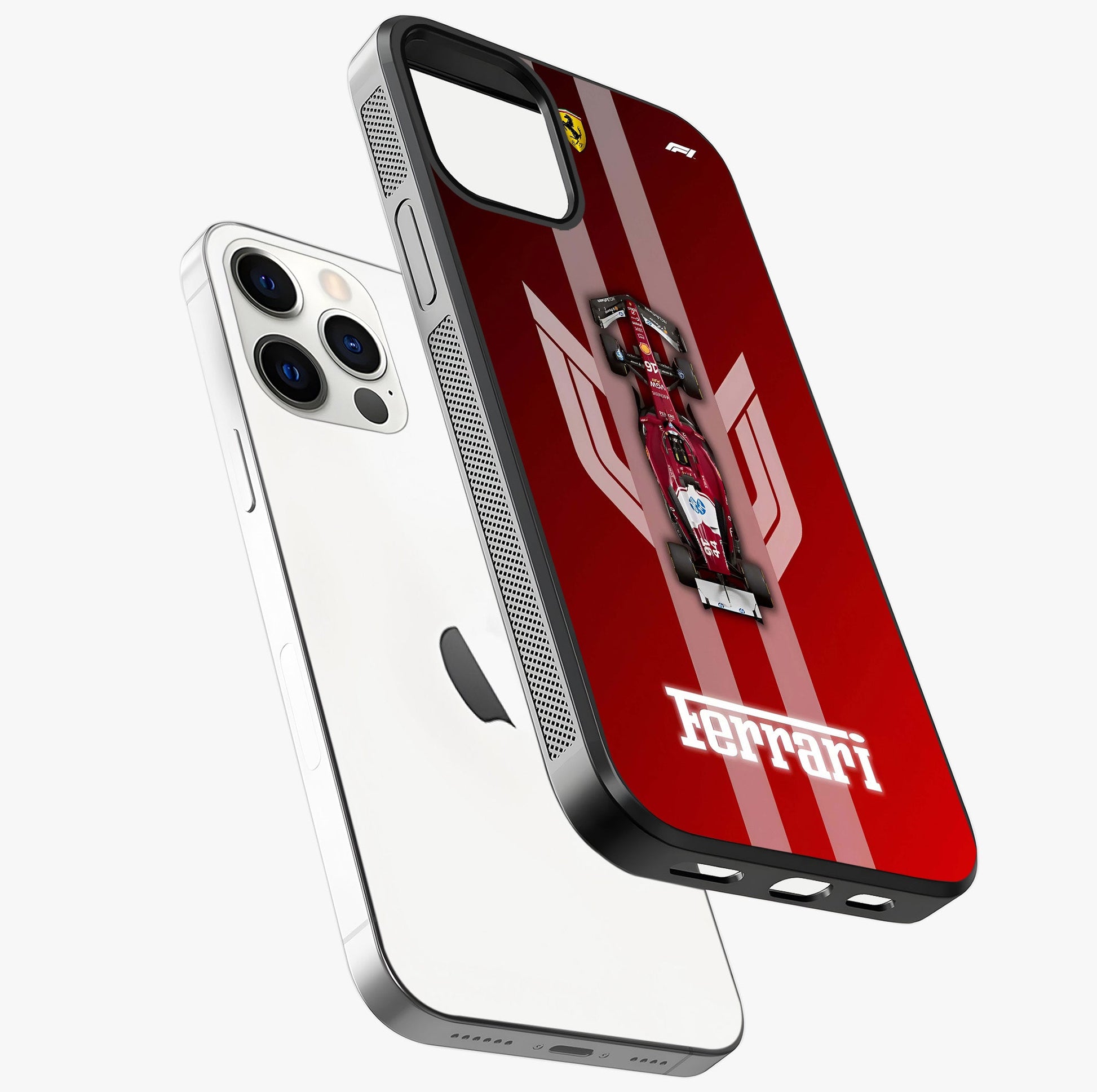 Red Ferrari F1 Vertical Glass Case laid diagonally highlighting side profile, edges and glossy glass shine.