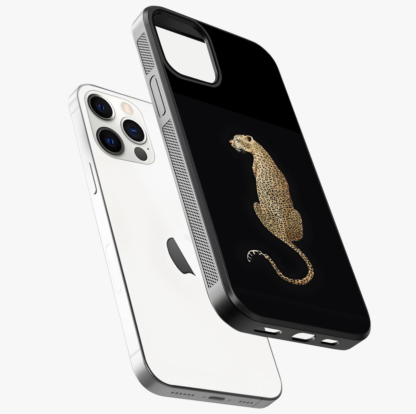 Regal Leopard Glass Case laid diagonally highlighting side profile, edges and glossy glass shine.