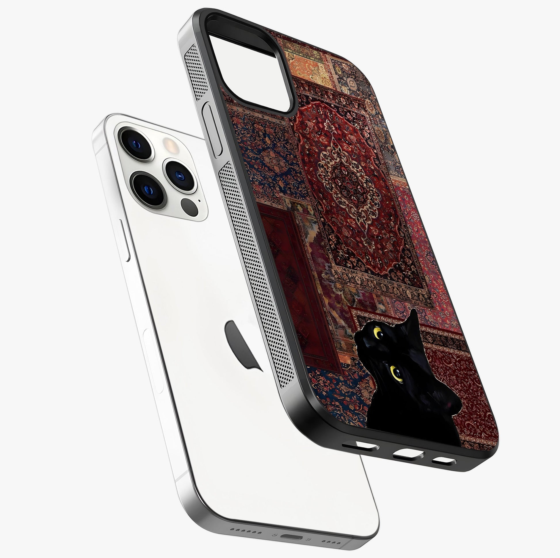 Regal Magic Cat Apple Glass Case laid diagonally highlighting side profile, edges and glossy glass shine.