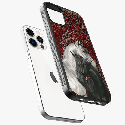 Regal Stallion Tapestry Glass Case laid diagonally highlighting side profile, edges and glossy glass shine.