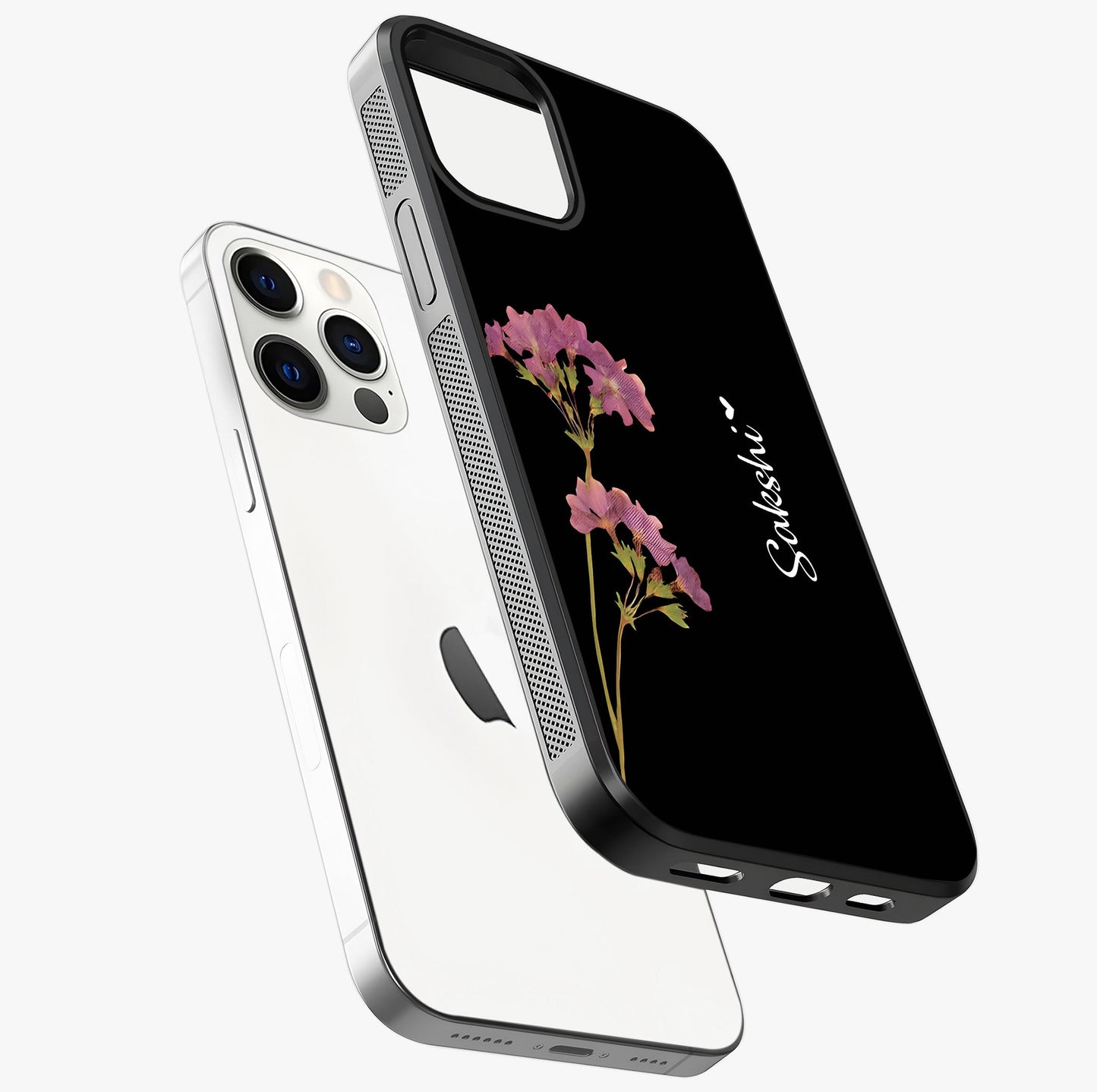 Riching Lavender Flower Custom Name Glass Case laid diagonally highlighting side profile, edges and glossy glass shine.