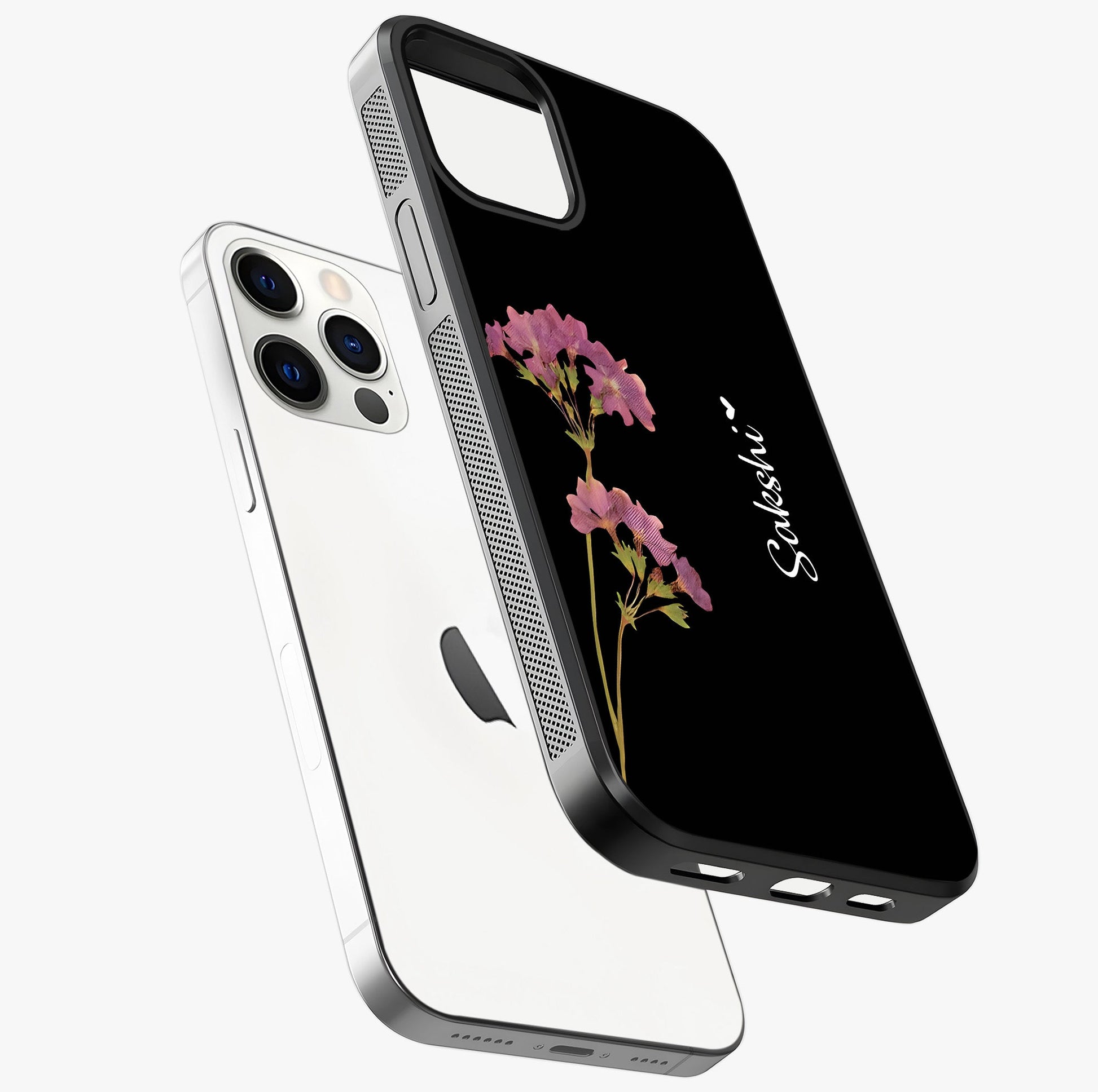 Riching Lavender Flower Custom Name Glass Case laid diagonally highlighting side profile, edges and glossy glass shine.