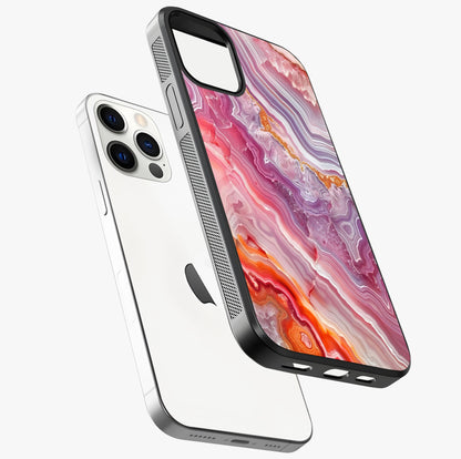 Rose Quartz Marble Glass Case laid diagonally highlighting side profile, edges and glossy glass shine.