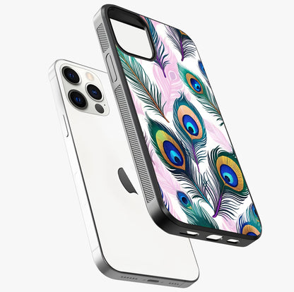 Royal Peacock Feathers Glass Case laid diagonally highlighting side profile, edges and glossy glass shine.