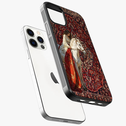 Royal Rider Tapestry Glass Case laid diagonally highlighting side profile, edges and glossy glass shine.