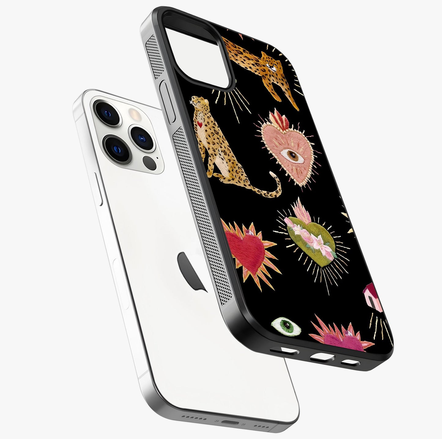 Sacred Jungle Heart Glass Case laid diagonally highlighting side profile, edges and glossy glass shine.
