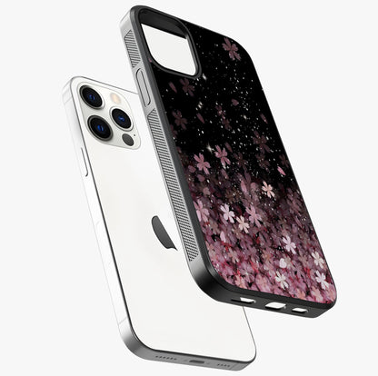 Small Starry Flowers Glass Case laid diagonally highlighting side profile, edges and glossy glass shine.
