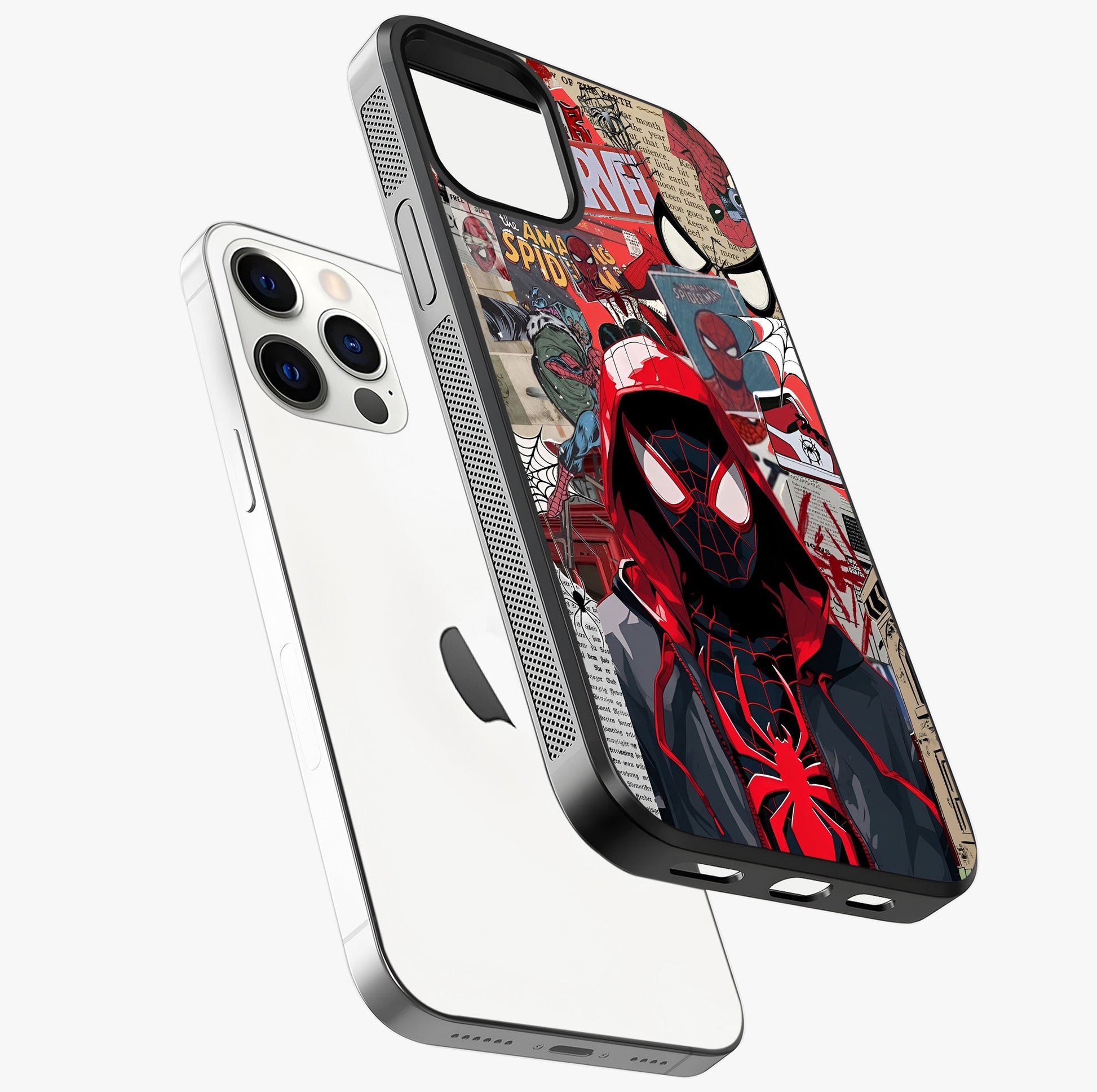 Spider Collage Street Glass Case laid diagonally highlighting side profile, edges and glossy glass shine.