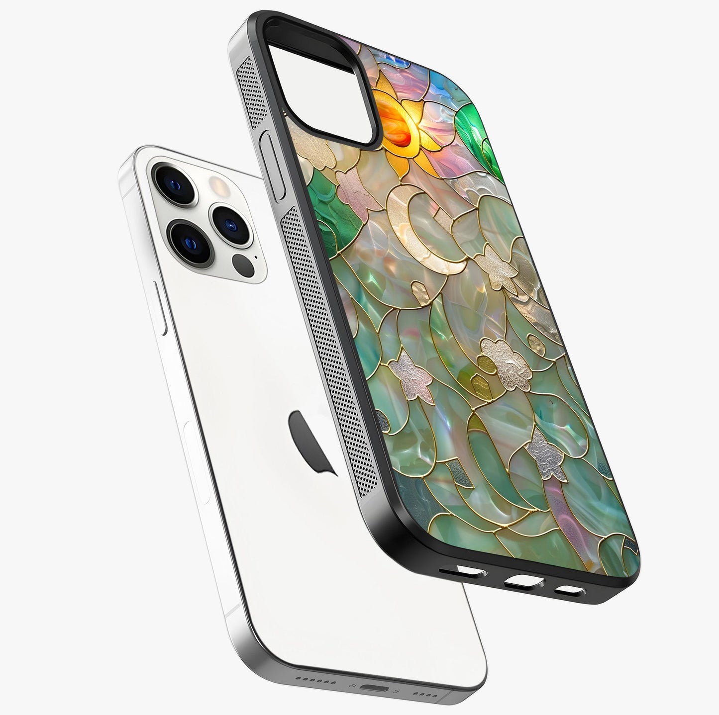 Stained Sunrise Glow Glass Case laid diagonally highlighting side profile, edges and glossy glass shine.
