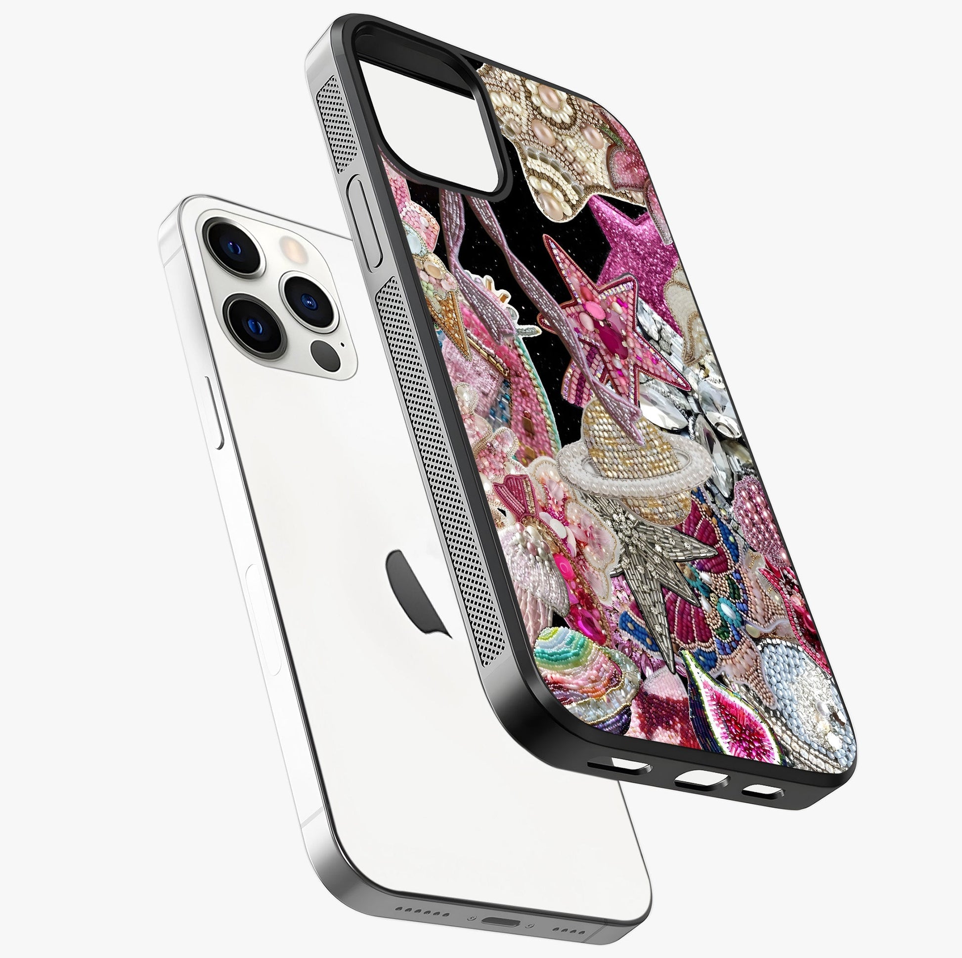 Starlit Jewel Dream Glass Case laid diagonally highlighting side profile, edges and glossy glass shine.