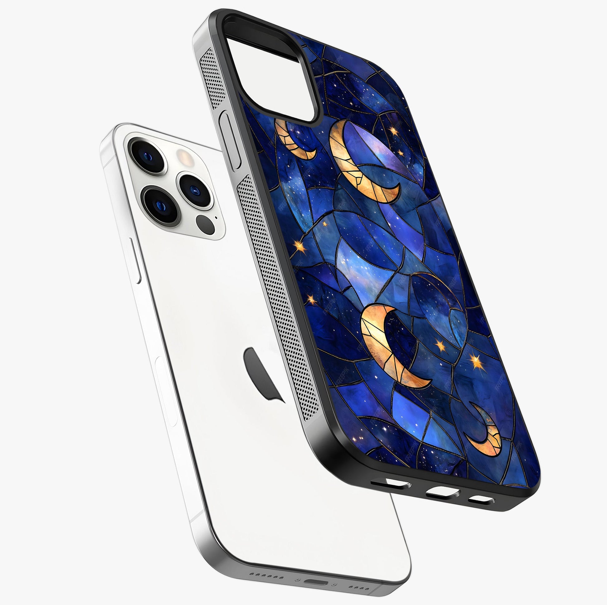 Starlit Sky Tapestry Glass Case laid diagonally highlighting side profile, edges and glossy glass shine.