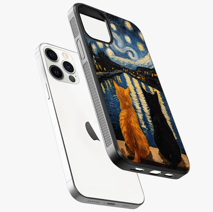 Starry River Cats Glass Case laid diagonally highlighting side profile, edges and glossy glass shine.