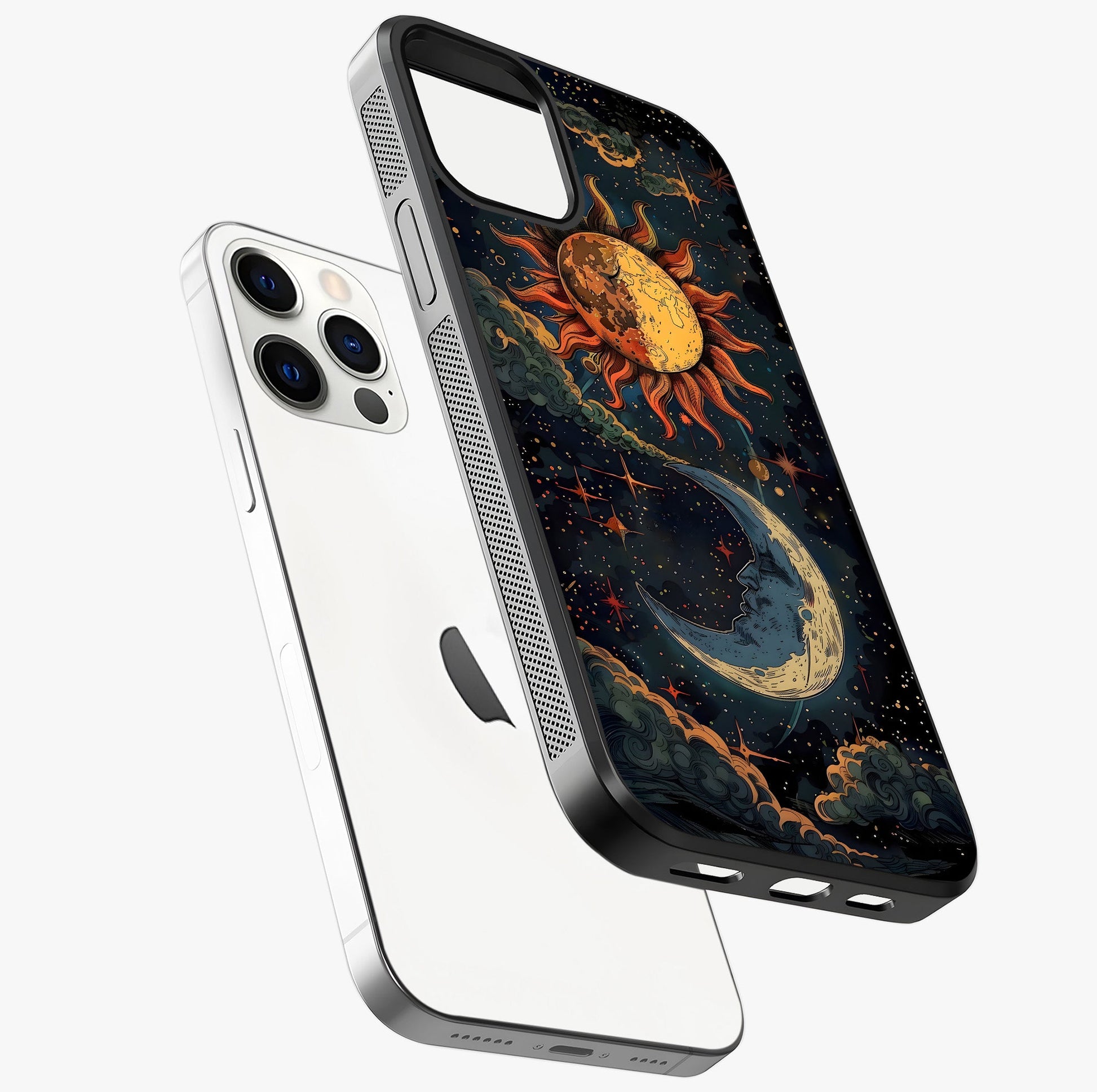 Sun And Moon Magic Design Glass Case laid diagonally highlighting side profile, edges and glossy glass shine.