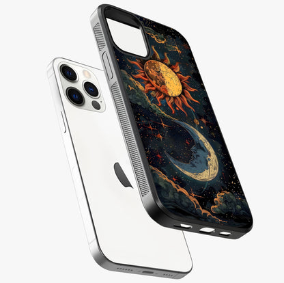 Sun And Moon Magic Design Glass Case laid diagonally highlighting side profile, edges and glossy glass shine.
