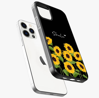 Sunflower Chic Mood Custom Name Glass Case laid diagonally highlighting side profile, edges and glossy glass shine.