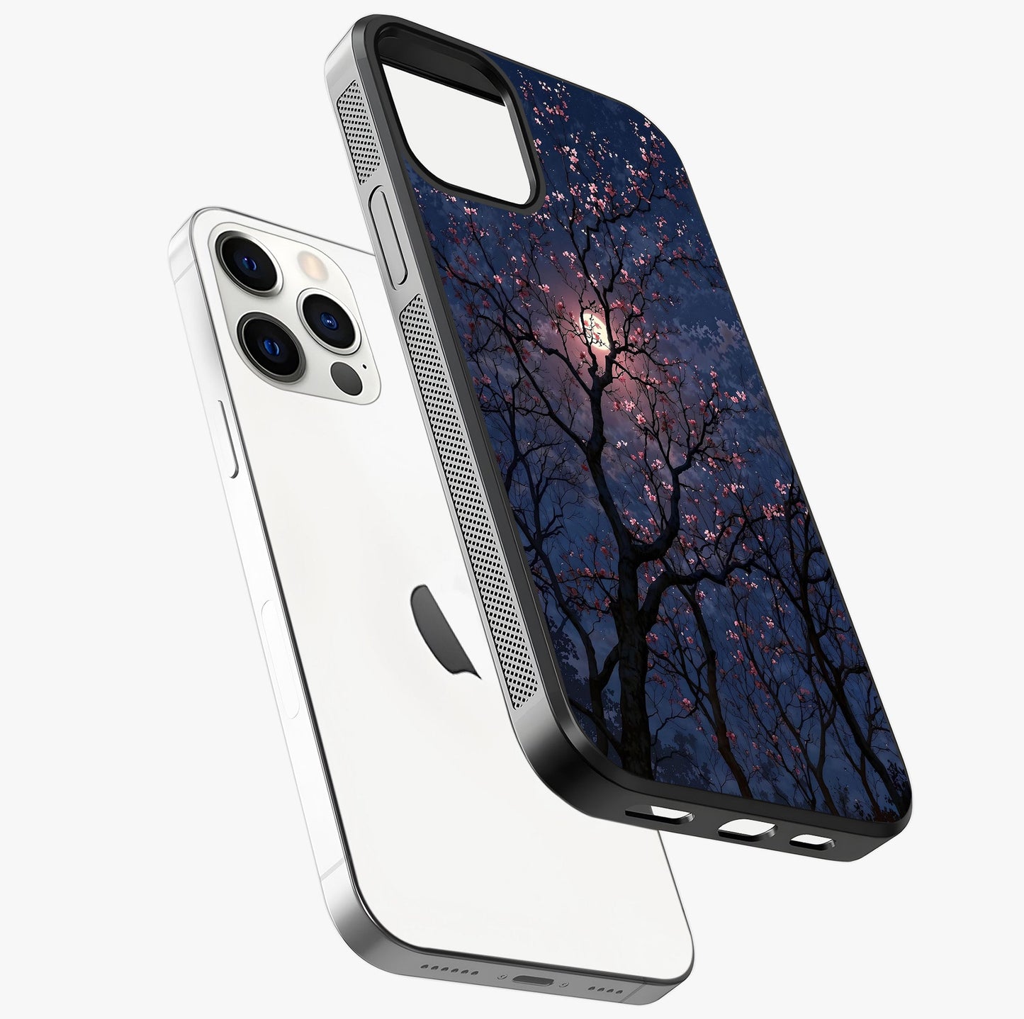 Twilight Sakura Serenade Glass Case laid diagonally highlighting side profile, edges and glossy glass shine.