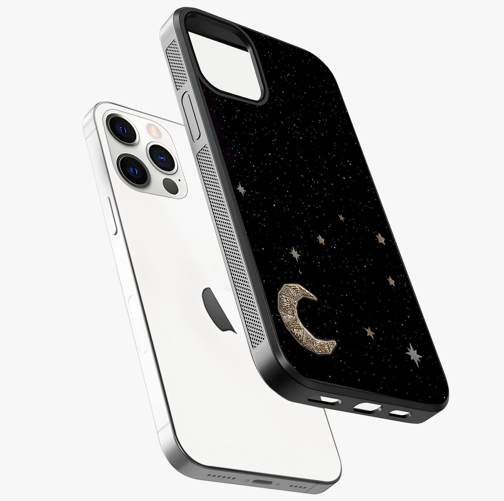 Twinkle Star With Half Moon Glass Case laid diagonally highlighting side profile, edges and glossy glass shine.