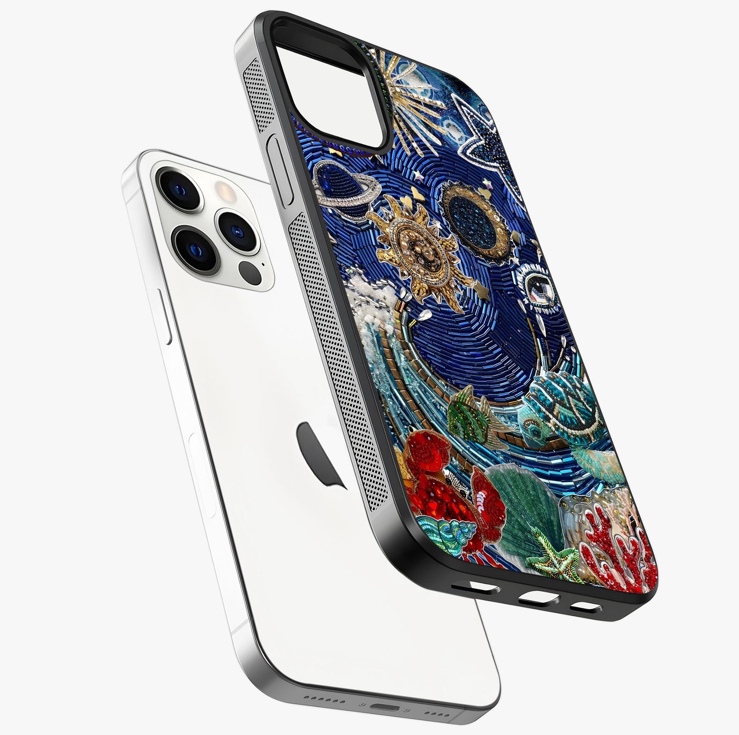 Universe Underwater Spark Glass Case laid diagonally highlighting side profile, edges and glossy glass shine.