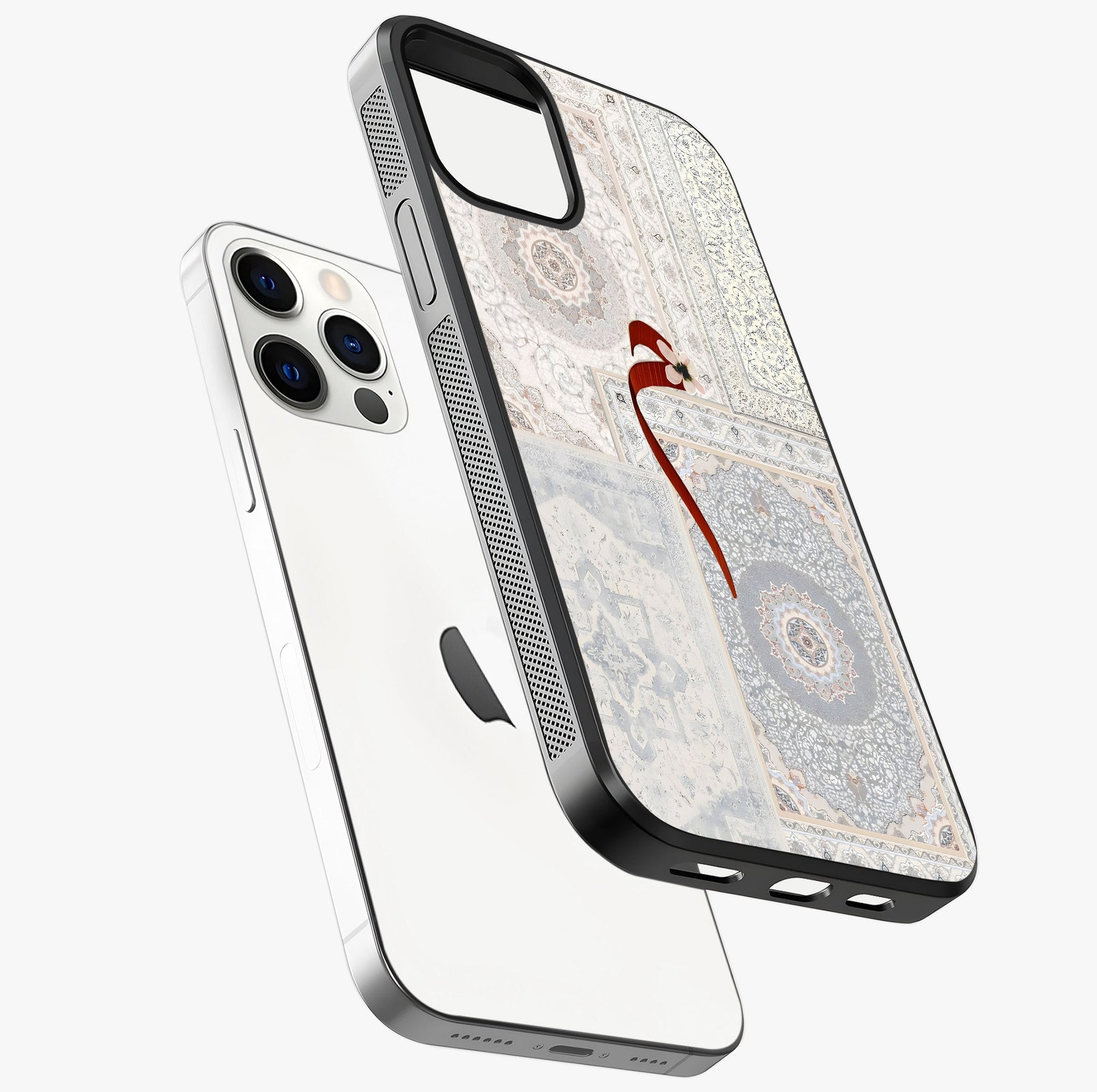 White Aesthetic Bow Glass Case laid diagonally highlighting side profile, edges and glossy glass shine.
