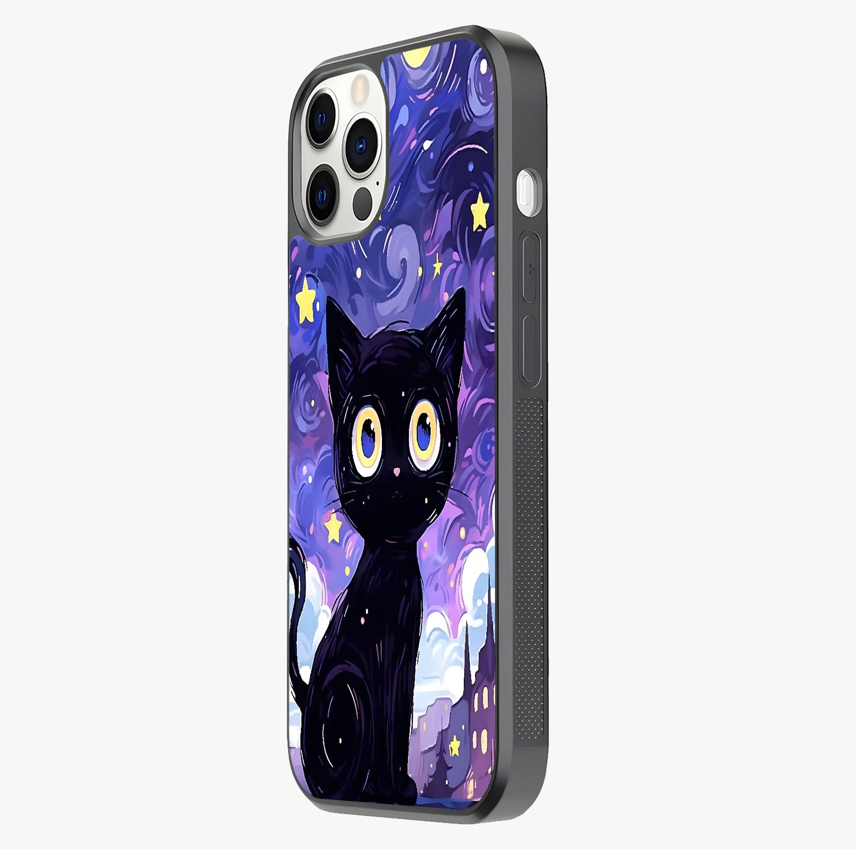 Abstract Cat Art Glass Case photographed in natural light showing reflective finish and design depth.