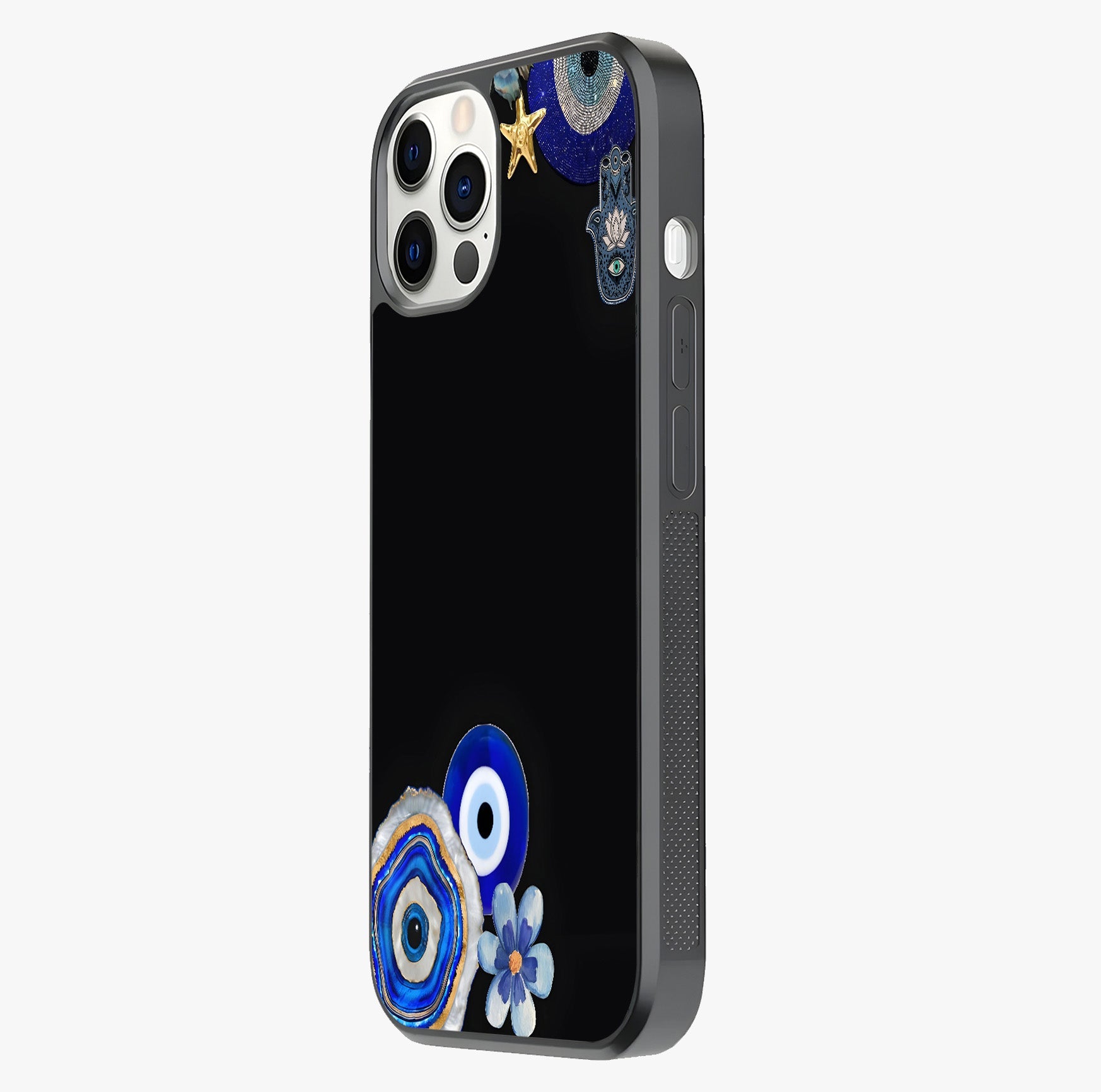 Aesthetic Blue Evil Eye Glass Case photographed in natural light showing reflective finish and design depth.