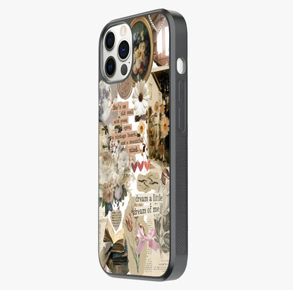Aesthetic Brown Vintage Collage Glass Case photographed in natural light showing reflective finish and design depth.