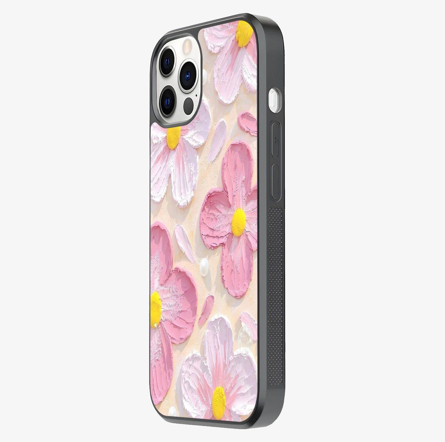 Blush Bloom Texture Glass Case photographed in natural light showing reflective finish and design depth.