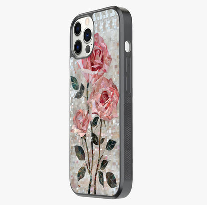 Blush Mosaic Bloom Glass Case photographed in natural light showing reflective finish and design depth.