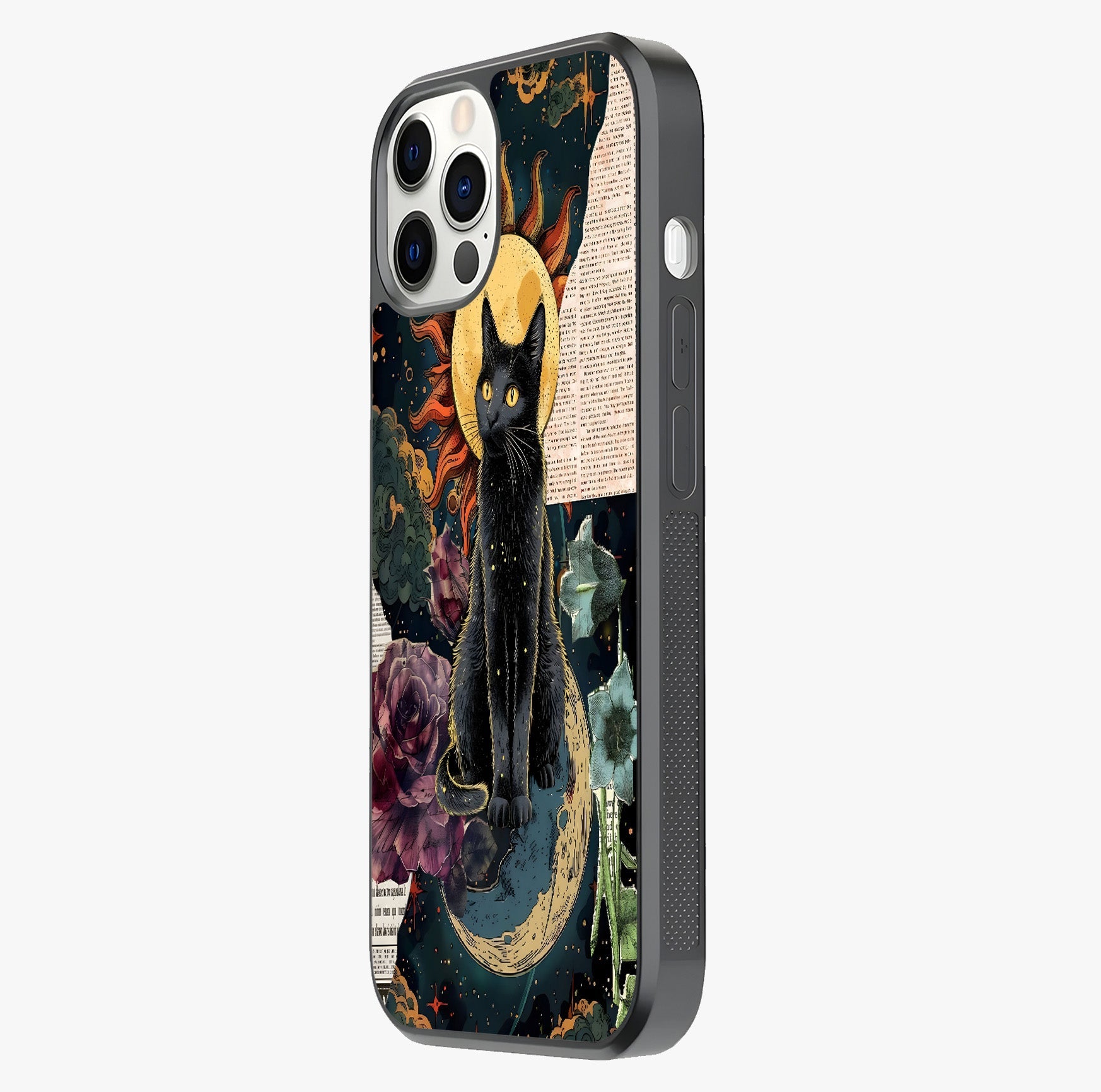 Celestial Black Cat Glass Case photographed in natural light showing reflective finish and design depth.