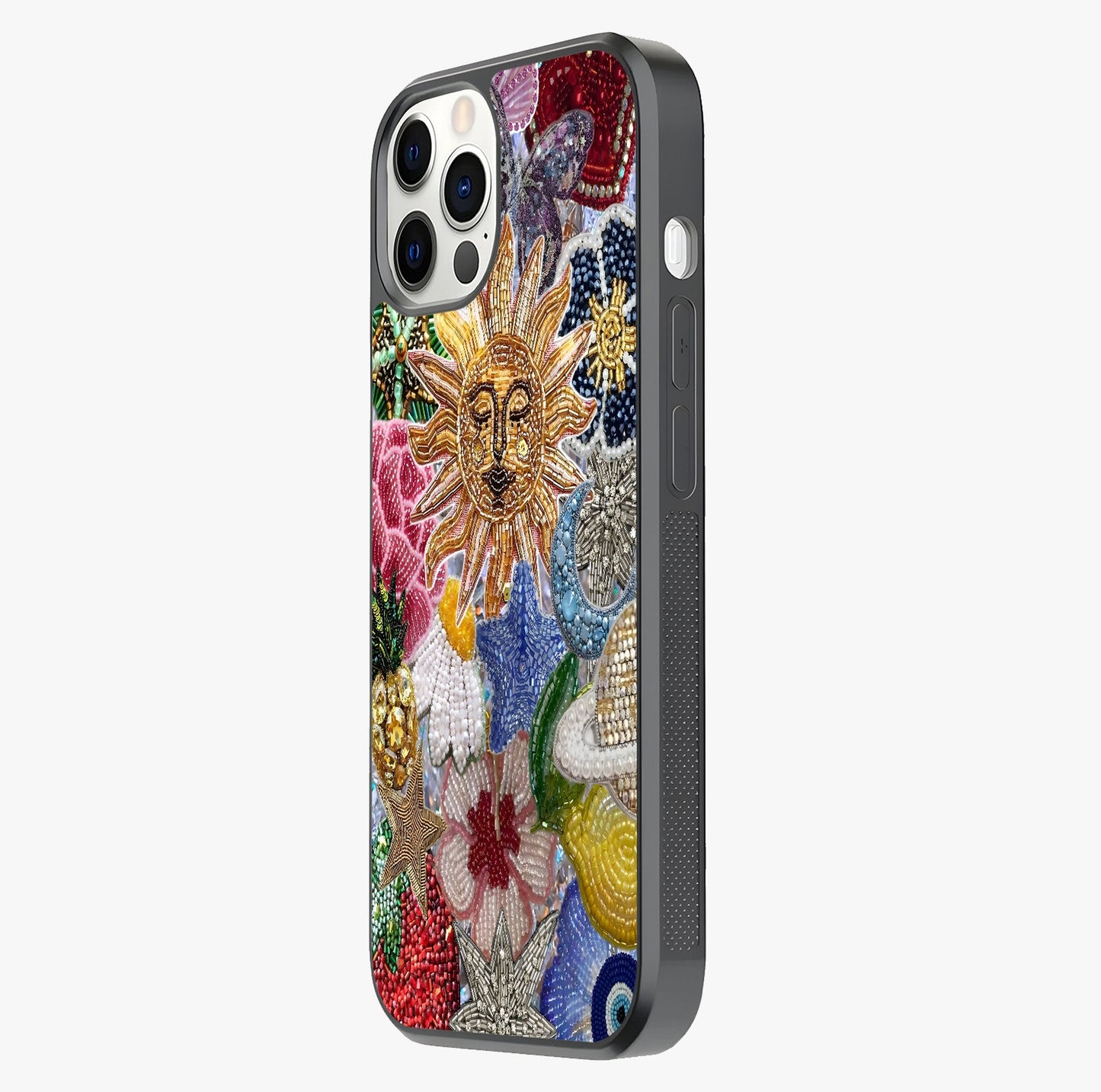 Celestial Floral And Playful Glass Case photographed in natural light showing reflective finish and design depth.