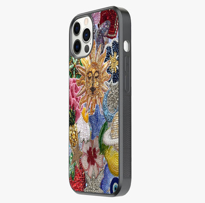 Celestial Floral And Playful Glass Case photographed in natural light showing reflective finish and design depth.