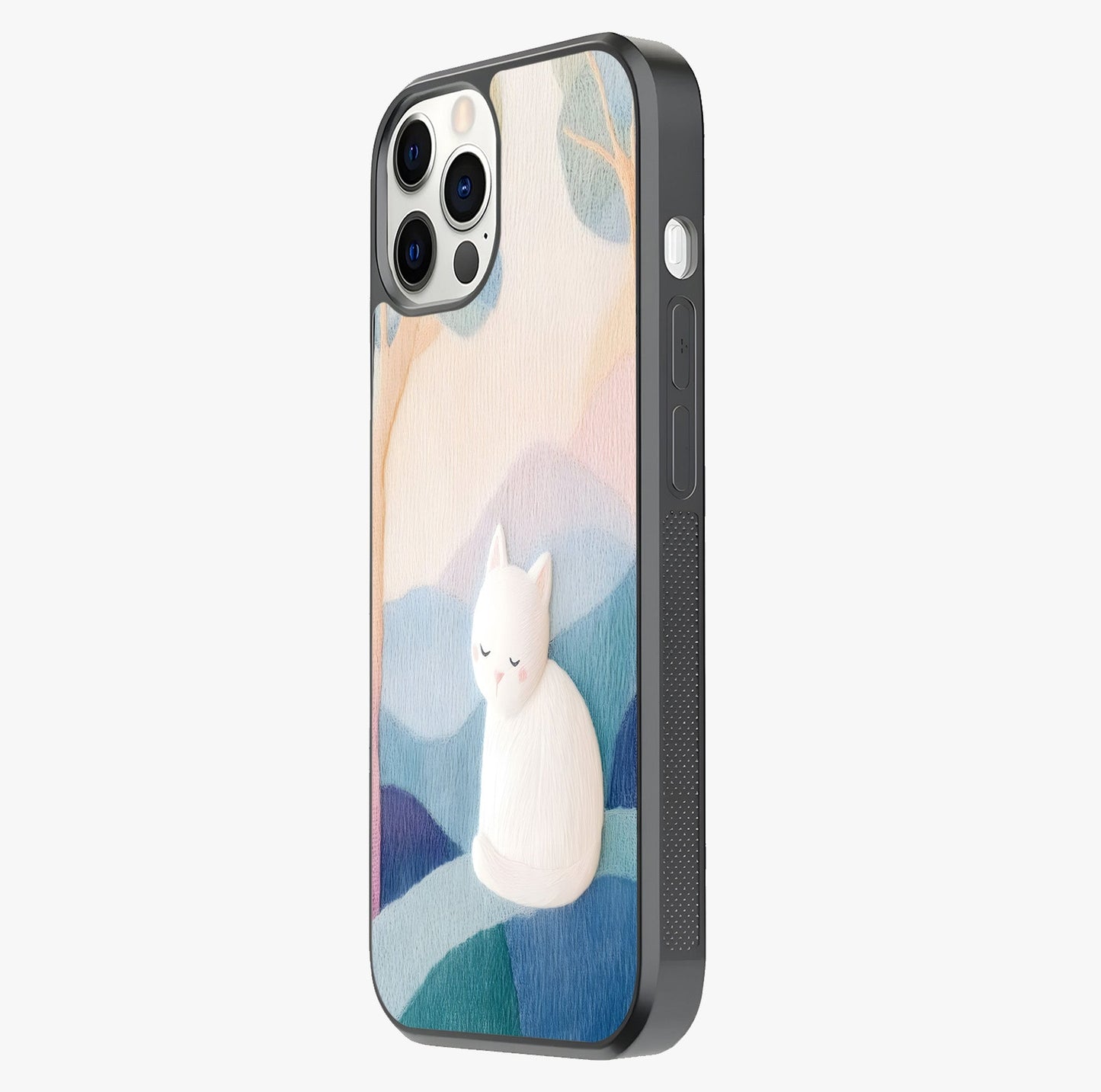 Cotton Dream Cat Glass Case photographed in natural light showing reflective finish and design depth.