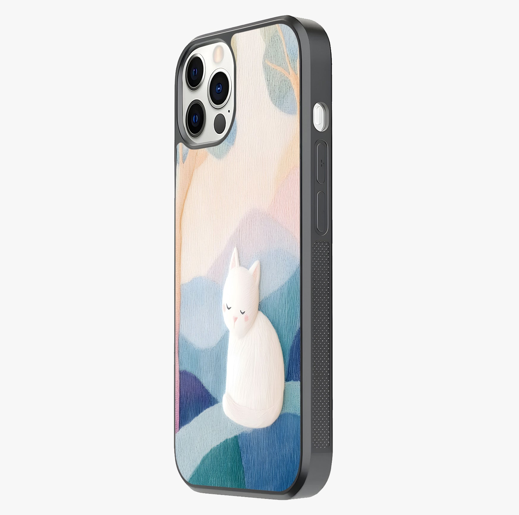Cotton Dream Cat Glass Case photographed in natural light showing reflective finish and design depth.