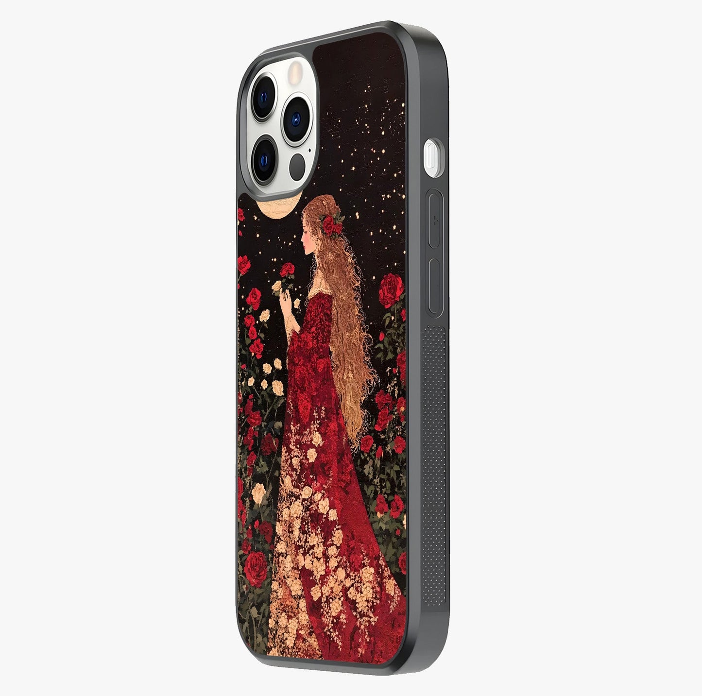 Crimson Dreams Glass Case photographed in natural light showing reflective finish and design depth.