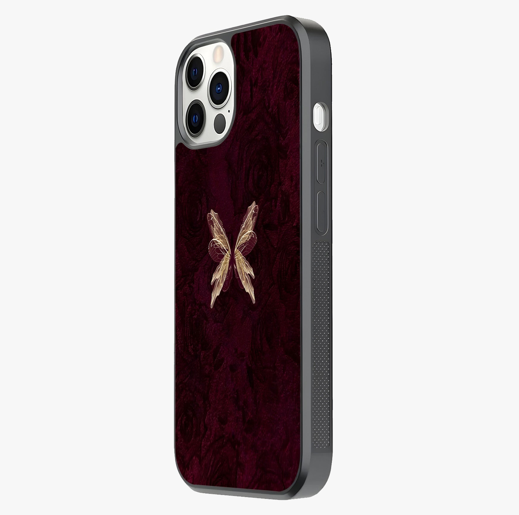 Crimson Fade Butterfly Glass Case photographed in natural light showing reflective finish and design depth.