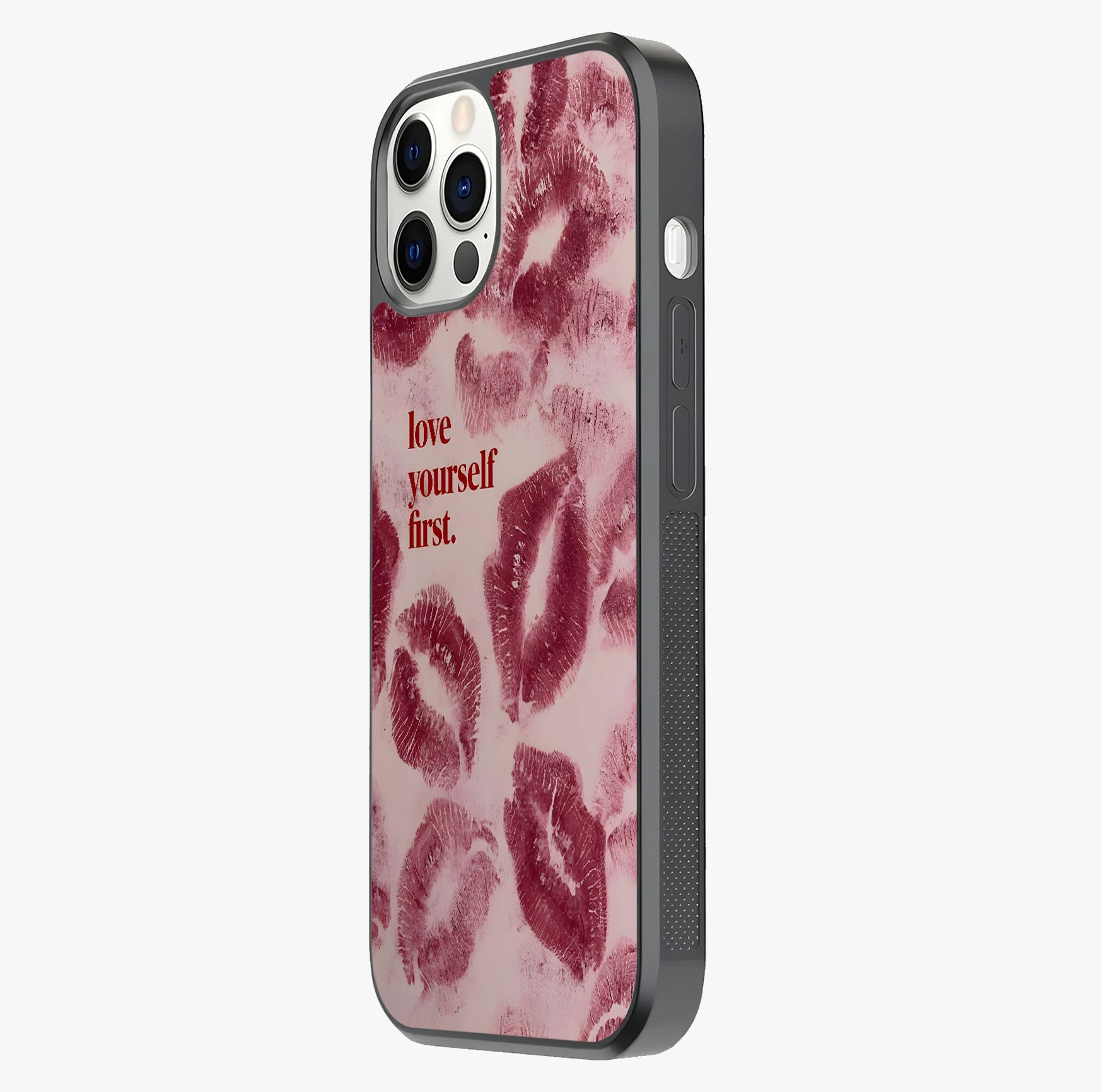 Crimson Kiss Love Glass Case photographed in natural light showing reflective finish and design depth.