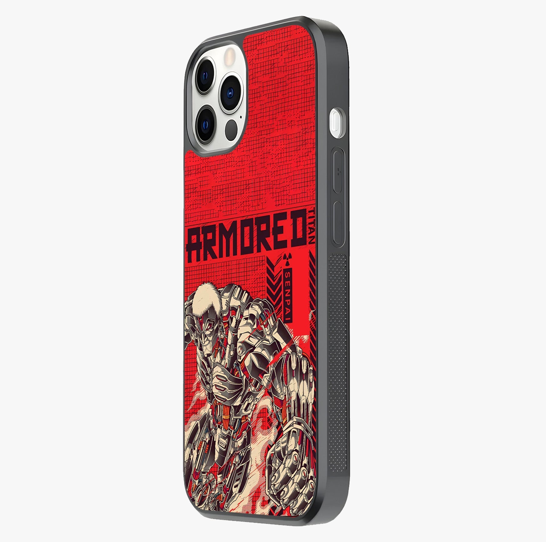 Crimson Mecha Titan Glass Case photographed in natural light showing reflective finish and design depth.