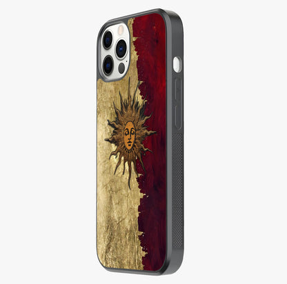 Crimson Sun Majesty Glass Case photographed in natural light showing reflective finish and design depth.