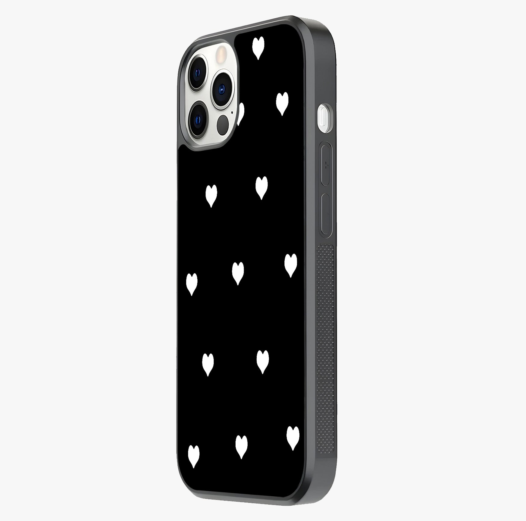 Cute And Simple White Hearts Glass Case photographed in natural light showing reflective finish and design depth.