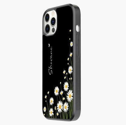 Daisy Cascade Custom Name Glass Case photographed in natural light showing reflective finish and design depth.