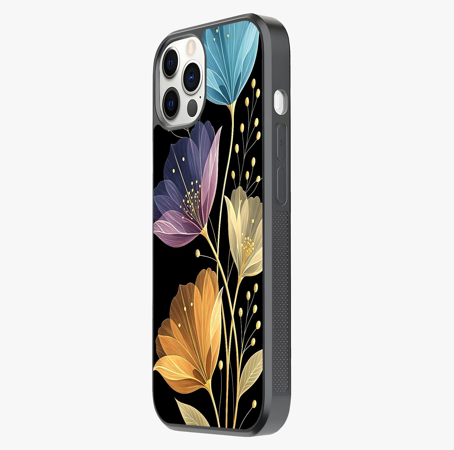 Delicate Multicolor Flowers Glass Case photographed in natural light showing reflective finish and design depth.