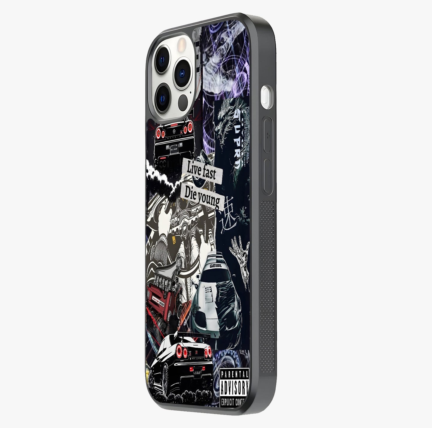 Die Young Glass Case photographed in natural light showing reflective finish and design depth.