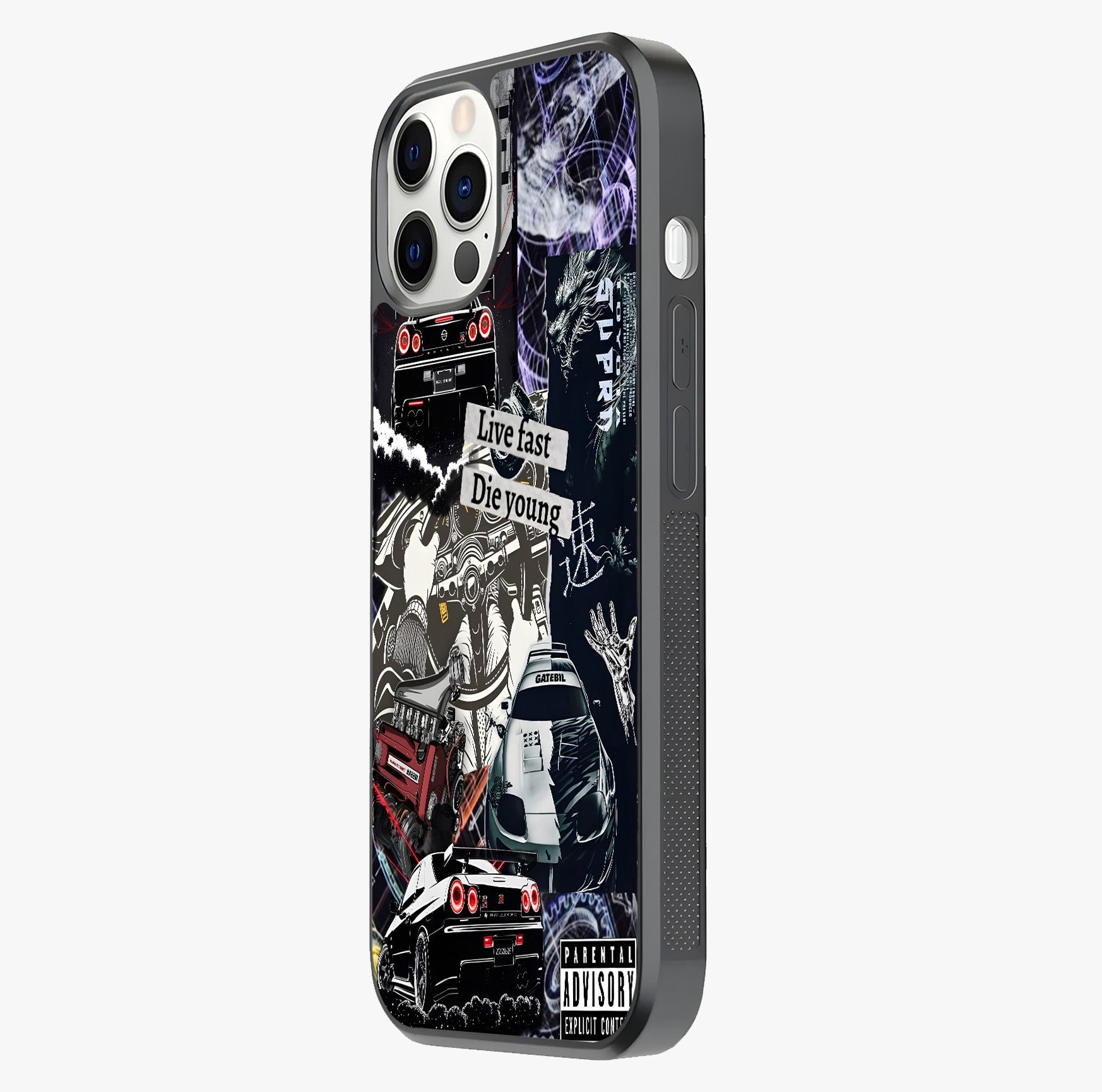 Die Young Glass Case photographed in natural light showing reflective finish and design depth.