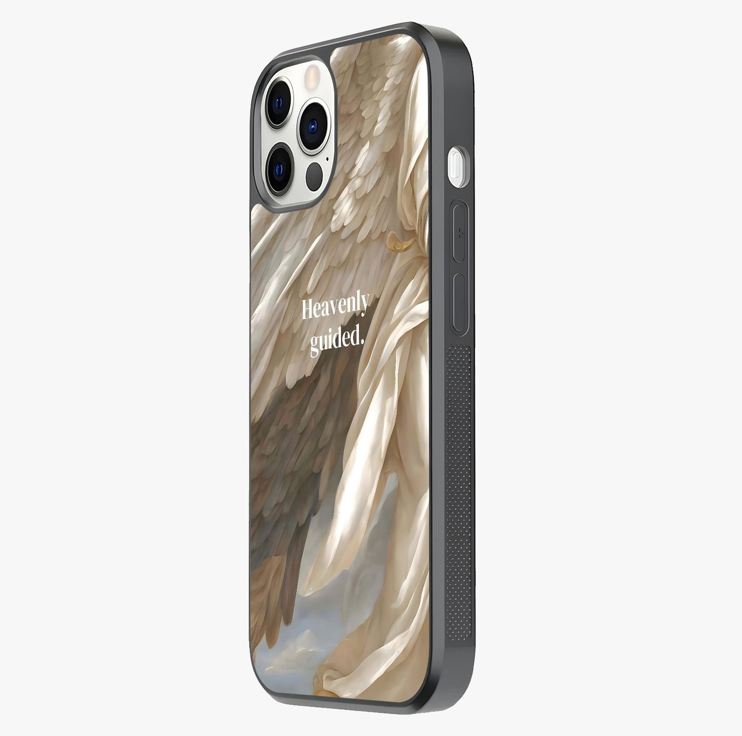 Divine Winged Grace Glass Case photographed in natural light showing reflective finish and design depth.