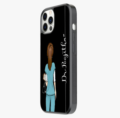 Doctor Pattern Custom Name Glass Case photographed in natural light showing reflective finish and design depth.