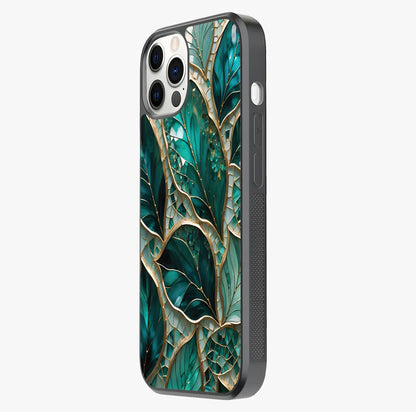 Emerald Leaf Glass Glass Case photographed in natural light showing reflective finish and design depth.