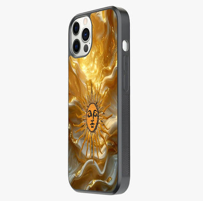 Eternal Golden Glow Glass Case photographed in natural light showing reflective finish and design depth.