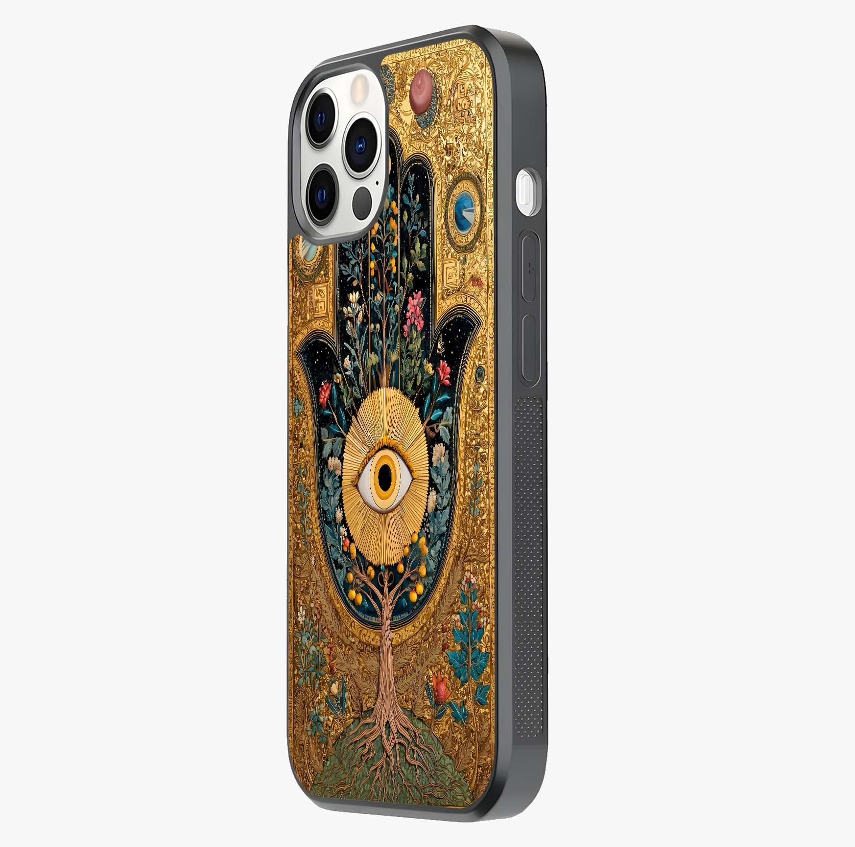 Ethereal Evil Eye Glass Case photographed in natural light showing reflective finish and design depth.