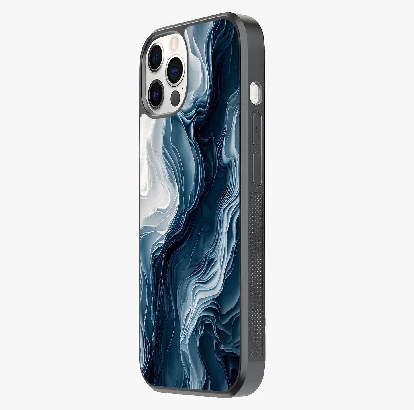 Ethereal Paper Marble Glass Case photographed in natural light showing reflective finish and design depth.
