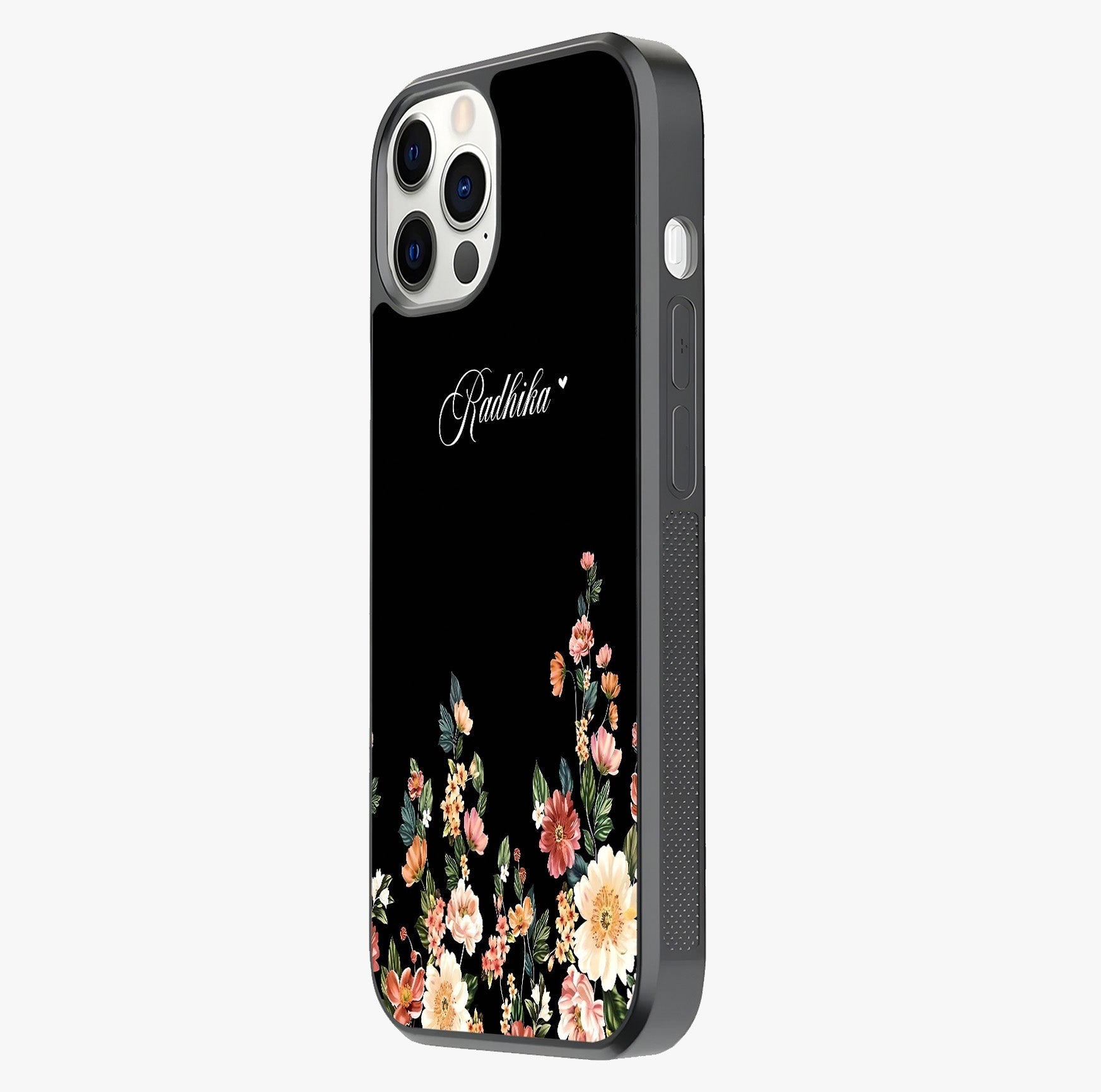 Floral Design With A Custom Personalized Name Glass Case photographed in natural light showing reflective finish and design depth.